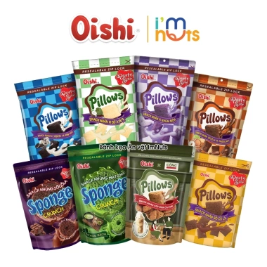 Combo 5 Gói Snack Nhân Kem Pillows & Sponge Oishi Đủ Vị Túi Zip - Chỉ 65.000
