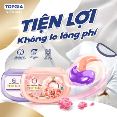 Combo 80 viên giặt xả TopGia: Thơm lâu hoa hồng, lavender, giặt sạch, tiết kiệm 5