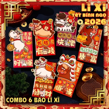 Combo Bao Lì Xì Tết Bính Ngọ 2.026 – 12 mẫu ngựa dễ thương, 6 bao/mẫu 25.000₫
