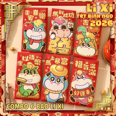 Combo Bao Lì Xì Tết Bính Ngọ 2.026 – 12 mẫu ngựa dễ thương, 6 bao/mẫu 25.000₫ 2 Combo Bao Lì Xì Tết Bính Ngọ 2.026 – 12 mẫu ngựa dễ thương, 6 bao/mẫu 25.000₫ 2