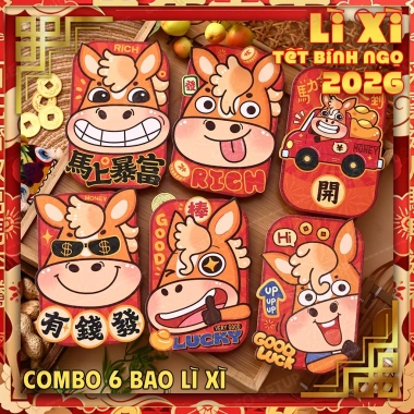 Combo Bao Lì Xì Tết Bính Ngọ 2.026 – 12 mẫu ngựa dễ thương, 6 bao/mẫu 25.000₫