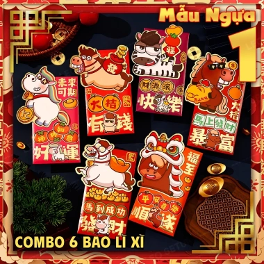 Combo Bao Lì Xì Tết Bính Ngọ 2.026 – 12 mẫu ngựa dễ thương, 6 bao/mẫu 25.000₫
