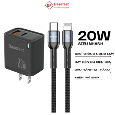 Combo Bộ sạc nhanh Basefast 20W/30W 2 Cổng + Dây dù siêu bền, tương thích iPhone 11‑14 Pro, Giá chỉ 205.000₫