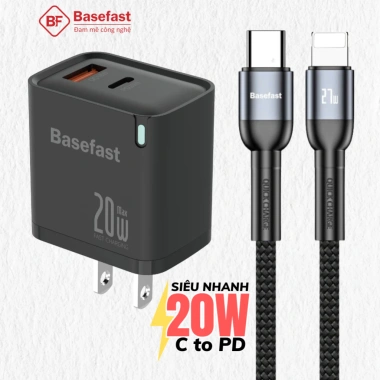 Combo Bộ sạc nhanh Basefast 20W/30W 2 Cổng + Dây dù siêu bền, tương thích iPhone 11‑14 Pro, Giá chỉ 205.000₫