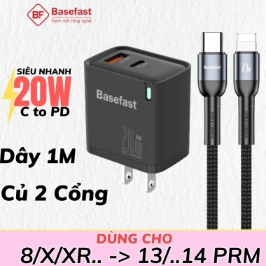 Combo Bộ sạc nhanh Basefast 20W/30W 2 Cổng + Dây dù siêu bền, tương thích iPhone 11‑14 Pro, Giá chỉ 205.000₫