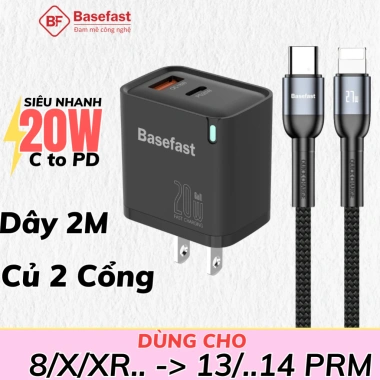 Combo Bộ sạc nhanh Basefast 20W/30W 2 Cổng + Dây dù siêu bền, tương thích iPhone 11‑14 Pro, Giá chỉ 205.000₫