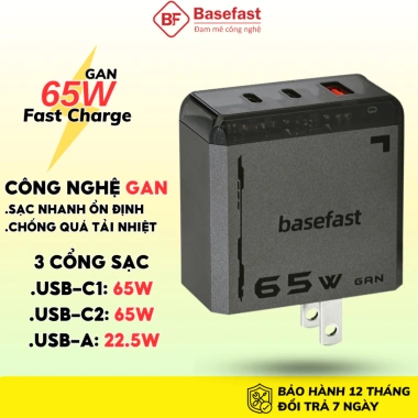 Combo bộ sạc nhanh Type‑C 65W Basefast PD65W + dây dù 100W cho iPhone, Samsung, máy tính bảng – Giá chỉ 555.000₫
