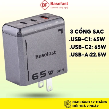 Combo bộ sạc nhanh Type‑C 65W Basefast PD65W + dây dù 100W cho iPhone, Samsung, máy tính bảng – Giá chỉ 555.000₫