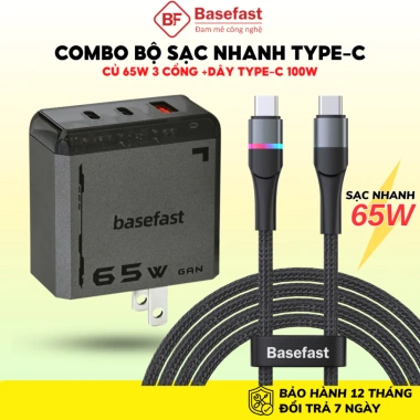 Combo bộ sạc nhanh Type‑C 65W Basefast PD65W + dây dù 100W cho iPhone, Samsung, máy tính bảng – Giá chỉ 555.000₫ 9 Combo bộ sạc nhanh Type‑C 65W Basefast PD65W + dây dù 100W cho iPhone, Samsung, máy tính bảng – Giá chỉ 555.000₫ 9