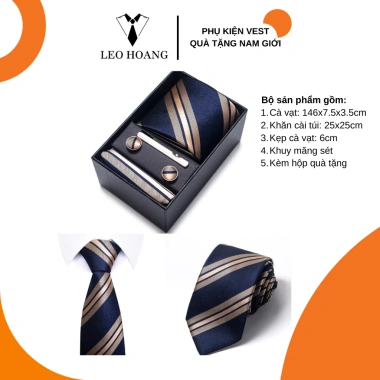 Combo Cà Vạt Nam 5 Món Họa Tiết Sọc Leo Hoang – Lụa, Khăn, Kẹp, Măng Sét, Hộp Quà Tặng Giá Ưu Đãi 249k