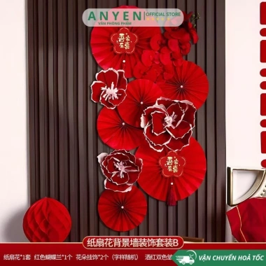 Combo phụ kiện trang trí Tết Nguyên Đán 2.026 Bình ngọ, Quạt hoa, backdrop - chỉ 75.000đ