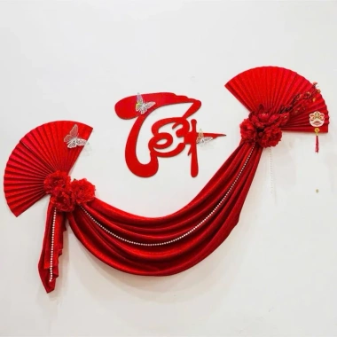 Combo Quạt Giấy Tết 2.026 - Set Quạt, Chữ Hoa, Vải Nhung Đỏ Trắng Trang Nhà Cửa Xuân
