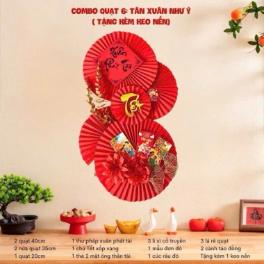 Combo Quạt Giấy Tết 2.026 - Set Quạt, Chữ Hoa, Vải Nhung Đỏ Trắng Trang Nhà Cửa Xuân