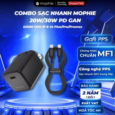 Combo Sạc Nhanh Mophie 20W/30W PD GaN cho iPhone 6-14, nhỏ gọn, bảo hành 2 năm, 708.000₫