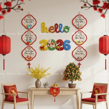 Combo Trang Trí Tết 2.026 Treo Tường - Chữ Gỗ Hello và Liễn Tết Đỏ May Mắn Giá 99.000