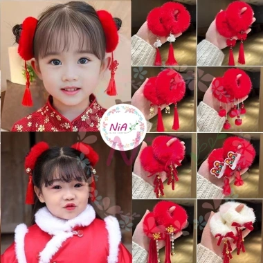 Cột tóc bông xù tròn đỏ gắn chuông, thỏ, tua rua, nơ - Set 2 chiếc PK251 giảm giá 38.5k cho Tết Năm Mới