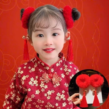 Cột tóc bông xù tròn đỏ gắn chuông, thỏ, tua rua, nơ - Set 2 chiếc PK251 giảm giá 38.5k cho Tết Năm Mới