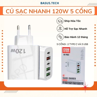 Củ sạc nhanh 120W GaN 5 cổng USB Type-C, siêu nhanh, an toàn, chống chai pin - giá 128k