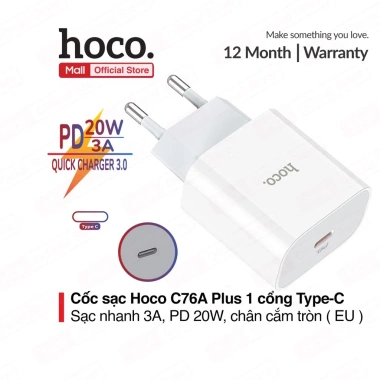 Củ sạc nhanh PD20W Hoco C76/C76A 1 Type‑C – Nhỏ gọn, tương thích, chỉ 100.000₫