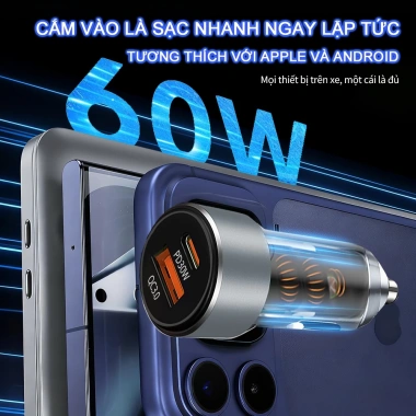 Củ Sạc Ô Tô 60W Siêu Nhanh 2 Cổng USB + Type-C, Tương Thích iPhone Samsung – Giá 68.068₫