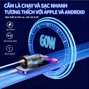 Củ Sạc Ô Tô 60W Siêu Nhanh 2 Cổng USB + Type-C, Tương Thích iPhone Samsung – Giá 68.068₫ 3
