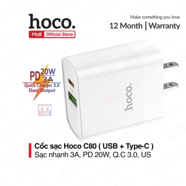 Củ sạc PD 20W Hoco C80 2 cổng USB và Type-C sạc nhanh 3A QC 3.0 đa thiết bị