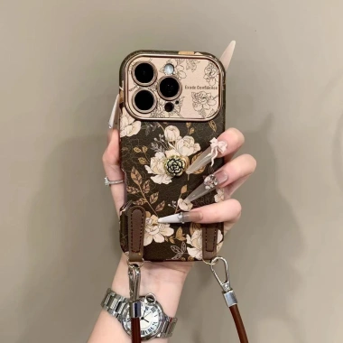 Cửa sổ lớn mùa thu đông dây da cổ điển ốp iPhone 16/15/14/13 Pro Max - hoa trà, chống sốc, chống rơi, lưng mềm