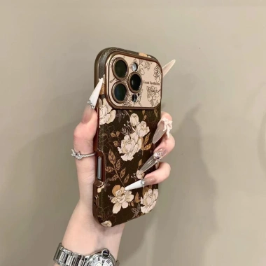 Cửa sổ lớn mùa thu đông dây da cổ điển ốp iPhone 16/15/14/13 Pro Max - hoa trà, chống sốc, chống rơi, lưng mềm