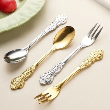 Cung Điện Phong Cách Món Tráng Miệng - Thìa Nĩa Tay Cầm Nổi Thép Không Gỉ, Thìa Nhỏ Sáng Tạo, Nĩa Vintage Vàng Cà Phê - Giá 16.953₫