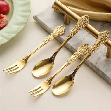 Cung Điện Phong Cách Món Tráng Miệng - Thìa Nĩa Tay Cầm Nổi Thép Không Gỉ, Thìa Nhỏ Sáng Tạo, Nĩa Vintage Vàng Cà Phê - Giá 16.953₫