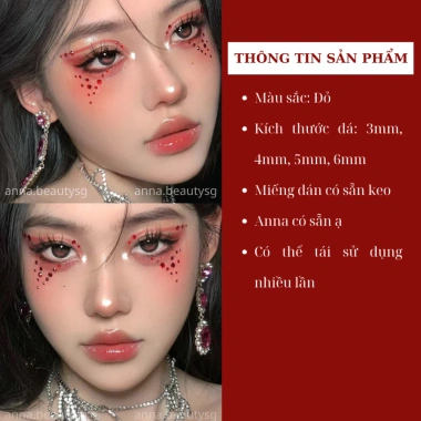 Đá đính mặt màu đỏ - Phụ kiện makeup Tết, hạt dán mặt có keo sẵn, chỉ 39.000₫