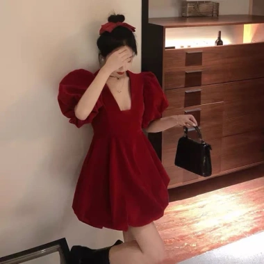 Đầm bí đầm nhung tay phồng sang trọng – Dự tiệc thanh lịch SAM SAM BOUTIQUE giá 448k 5
