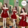 Đầm đỏ tết nhung trễ vai bèo viền ren, cột dây nơ ngắn xoè - Giá chỉ 165.006₫
