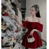 Đầm dự tiệc nhung trễ vai, bèo ngực, váy xoè dài mini, tôn dáng trẻ trung 155.000