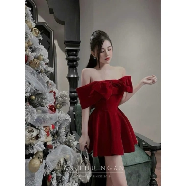 Đầm dự tiệc nhung trễ vai, bèo ngực, váy xoè dài mini, tôn dáng trẻ trung 155.000