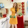 Đầm dự tiệc Tết nữ cotton lạnh cổ tàu tay ngắn, đính cườm, dáng chữ A midi - 130k 6