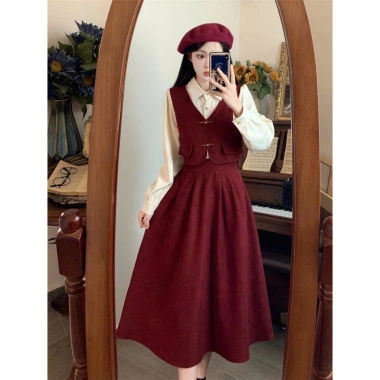 Đầm liền 1 mảnh nữ màu đỏ nâu cổ khóa ngang dài thanh, Douyin thu đông - Giá 225k GIAO TRƯỚC TẾT 3