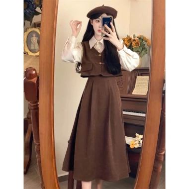 Đầm liền 1 mảnh nữ màu đỏ nâu cổ khóa ngang dài thanh, Douyin thu đông - Giá 225k GIAO TRƯỚC TẾT 4