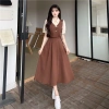 Đầm liền 1 mảnh nữ màu đỏ nâu cổ khóa ngang dài thanh, Douyin thu đông - Giá 225k GIAO TRƯỚC TẾT 6