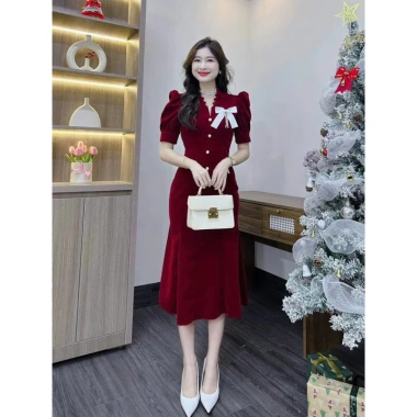 Đầm Nhung Đuôi Cá Đính Nơ Cổ V Tay Phồng Nhiều Nút Maxi 150k Dự Tiệc 3