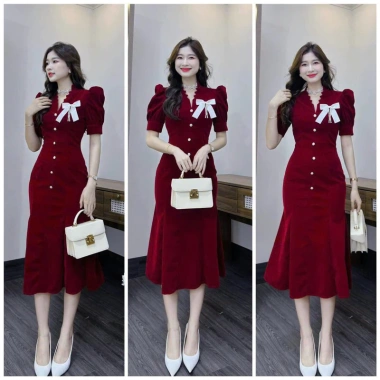 Đầm Nhung Đuôi Cá Đính Nơ Cổ V Tay Phồng Nhiều Nút Maxi 150k Dự Tiệc 6