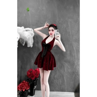 Đầm nhung kim tuyến cổ yếm đính nơ, dáng ôm quyến rũ, giảm giá 135k, chất liệu cao cấp