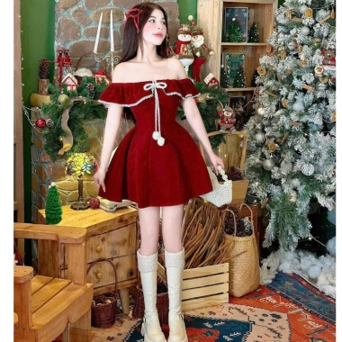 Đầm nữ Noel chất nhung cổ trễ vai bèo, dây nơ, váy xoè chữ A mini - Sang chảnh, giá 160k
