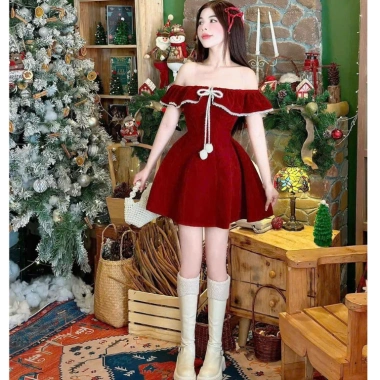 Đầm nữ Noel chất nhung cổ trễ vai bèo, dây nơ, váy xoè chữ A mini - Sang chảnh, giá 160k