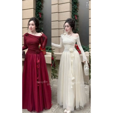 Đầm ren lệch vai tết hoa, phối tơ lưới dài, kèm dây hoa nụ - Giá chỉ 319k