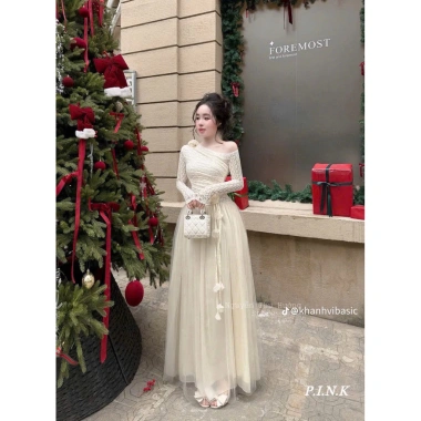 Đầm ren lệch vai tết hoa, phối tơ lưới dài, kèm dây hoa nụ - Giá chỉ 319k