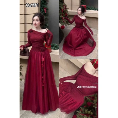 Đầm ren lệch vai tết hoa, phối tơ lưới dài, kèm dây hoa nụ - Giá chỉ 319k