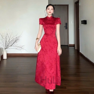 Đầm Tết Gấm Tapta Hoa Nổi Cổ Tàu Đính Nút Form Dài Sang Trọng 199k Hiacogai