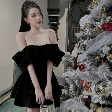 Đầm thời trang nữ sang chảnh, tay ngắn, trễ vai, nơ xinh, váy xếp ly ngắn mini – giảm còn 160k
