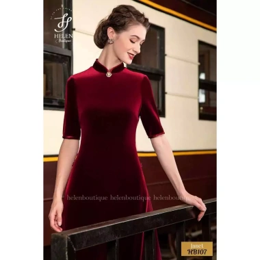 Đầm Tuyết Nhung Đỏ Đô Cổ Tàu Quý Phái – Dáng Áo Dài Cách Tân, Viền Lụa Sang Trọng, HB107 – Giá chỉ 349.000₫